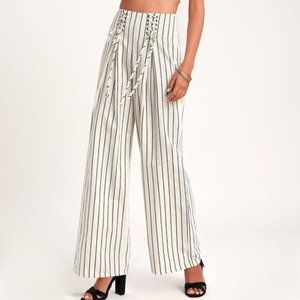 Henmar Ivory Striped Lace-Up Wide-Leg Pants S XS